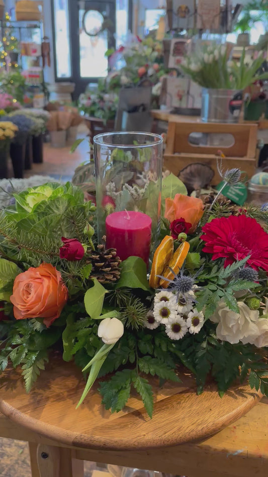 Holiday Centerpiece with a pillar candle
